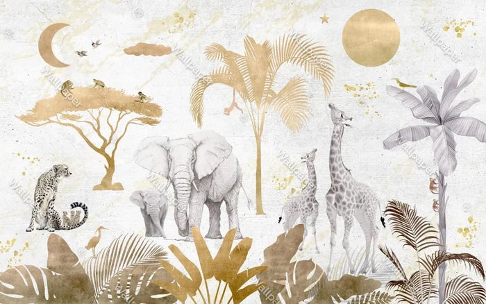 Safari Animal Print Peel and Stick Wallpaper - Gold Tone Nursery Wall Decal