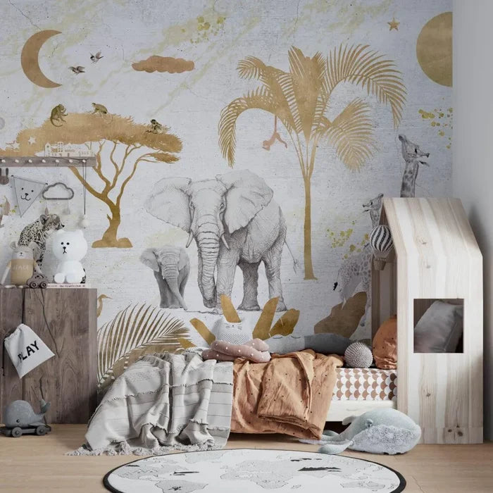 Safari Animal Print Peel and Stick Wallpaper - Gold Tone Nursery Wall Decal