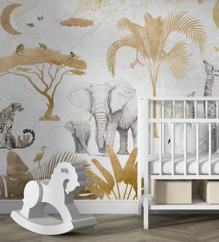 Safari Animal Print Peel and Stick Wallpaper - Gold Tone Nursery Wall Decal