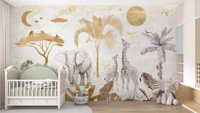 Safari Animal Print Peel and Stick Wallpaper - Gold Tone Nursery Wall Decal