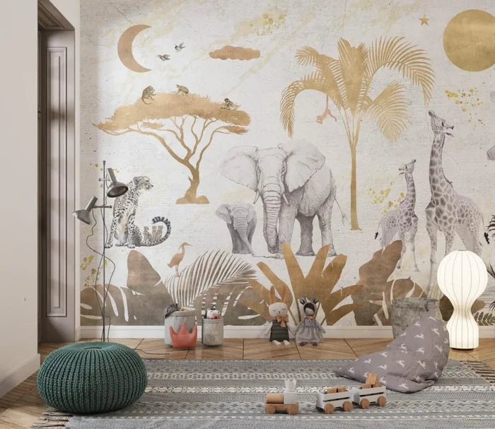 Safari Animal Print Peel and Stick Wallpaper - Gold Tone Nursery Wall Decal
