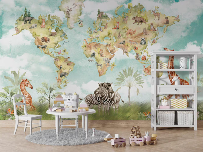 Safari Animal World Map Wallpaper - Kids Nursery Decor, Peel and Stick