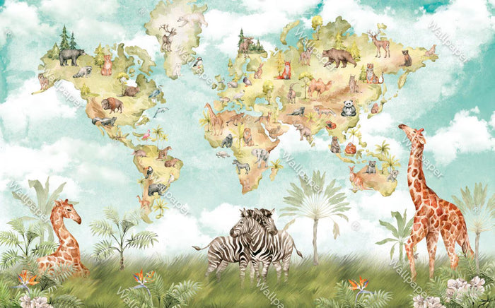 Safari Animal World Map Wallpaper - Kids Nursery Decor, Peel and Stick