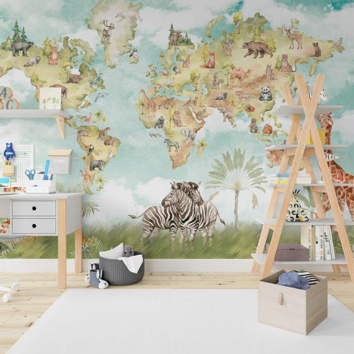 Safari Animal World Map Wallpaper - Kids Nursery Decor, Peel and Stick