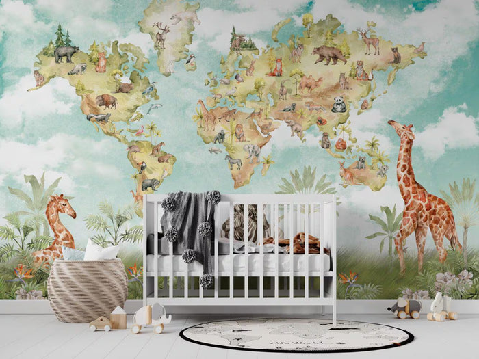 Safari Animal World Map Wallpaper - Kids Nursery Decor, Peel and Stick