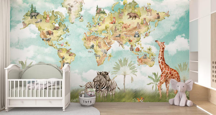 Safari Animal World Map Wallpaper - Kids Nursery Decor, Peel and Stick