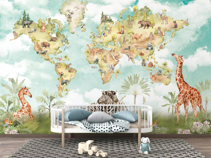 Safari Animal World Map Wallpaper - Kids Nursery Decor, Peel and Stick