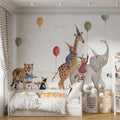 Safari Animals Christmas Party Wallpaper: Peel and Stick Nursery Wall Mural