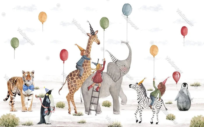 Safari Animals Christmas Party Wallpaper: Peel and Stick Nursery Wall Mural