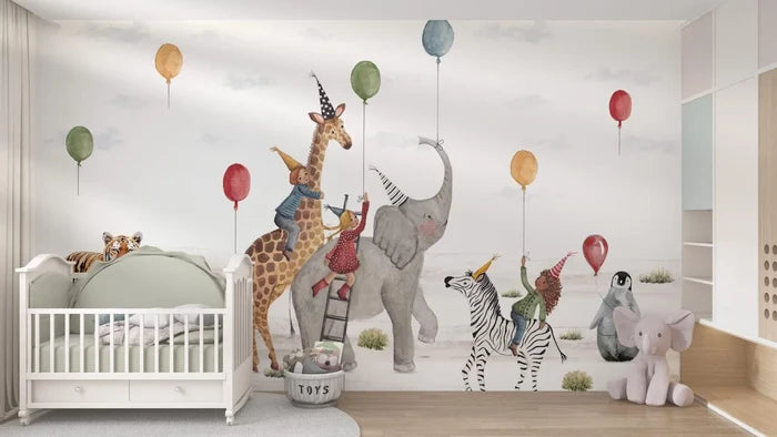 Safari Animals Christmas Party Wallpaper: Peel and Stick Nursery Wall Mural