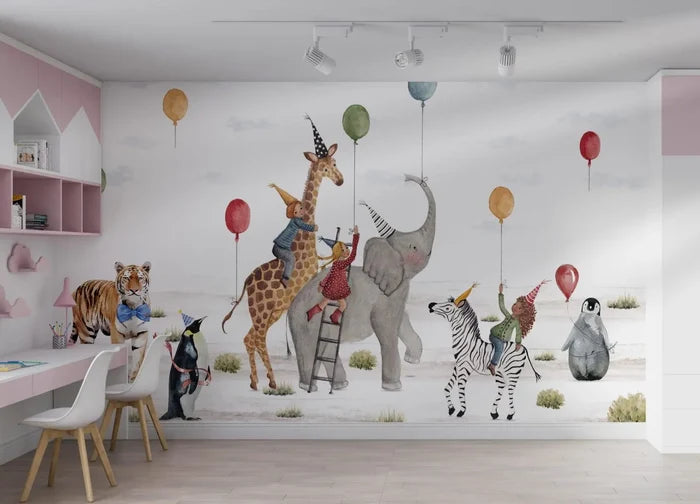 Safari Animals Christmas Party Wallpaper: Peel and Stick Nursery Wall Mural