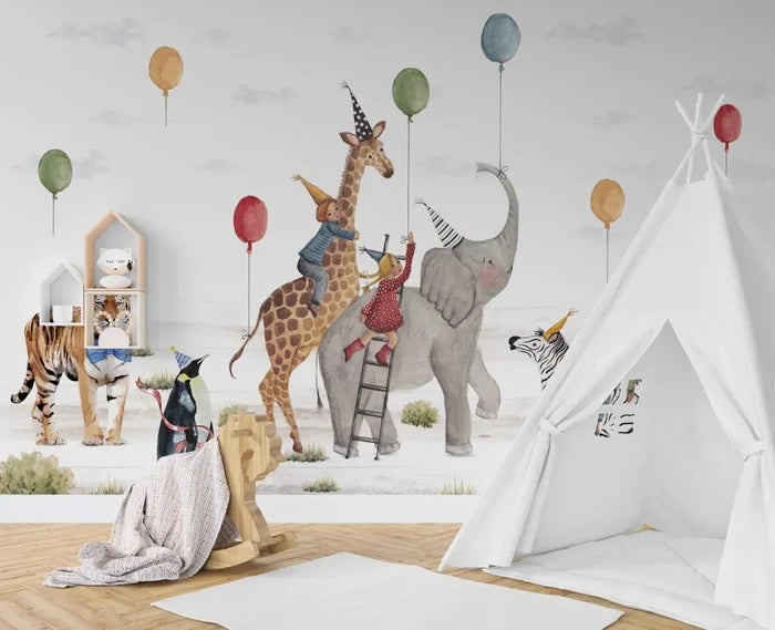 Safari Animals Christmas Party Wallpaper: Peel and Stick Nursery Wall Mural