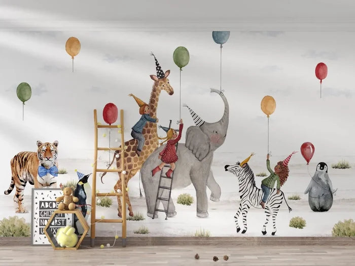 Safari Animals Christmas Party Wallpaper: Peel and Stick Nursery Wall Mural