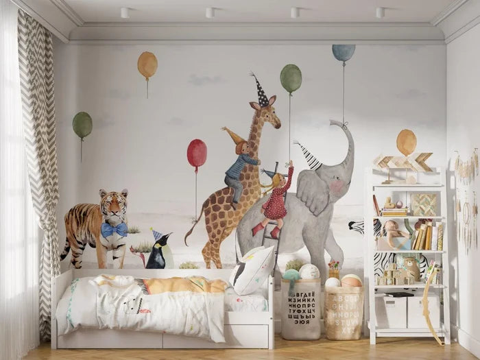 Safari Animals Christmas Party Wallpaper: Peel and Stick Nursery Wall Mural