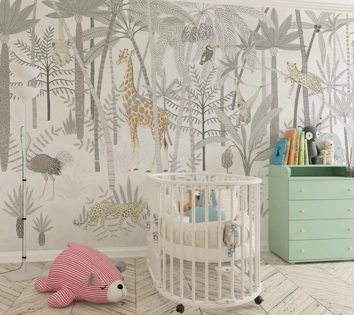 Safari Animals Nursery Wallpaper Mural - Tropical Peel & Stick Wallpaper