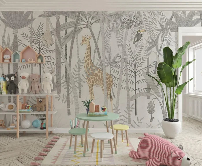 Safari Animals Nursery Wallpaper Mural - Tropical Peel & Stick Wallpaper