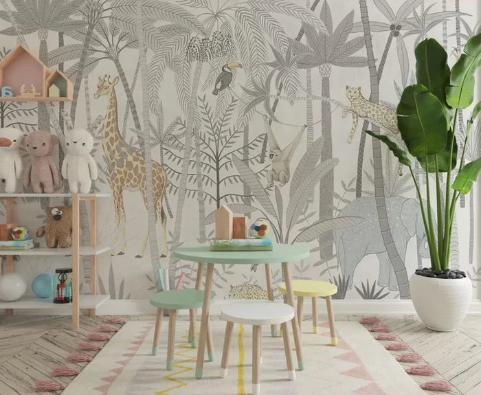Safari Animals Nursery Wallpaper Mural - Tropical Peel & Stick Wallpaper