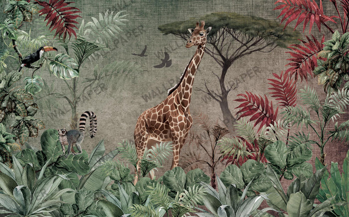 Safari Animals Wallpaper: Colorful Leaves, Peel and Stick Nursery Wall Decor