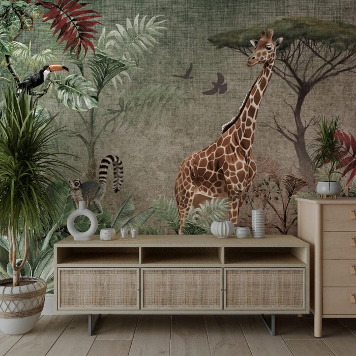 Safari Animals Wallpaper: Colorful Leaves, Peel and Stick Nursery Wall Decor