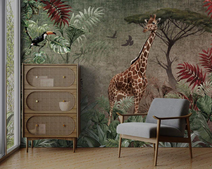 Safari Animals Wallpaper: Colorful Leaves, Peel and Stick Nursery Wall Decor