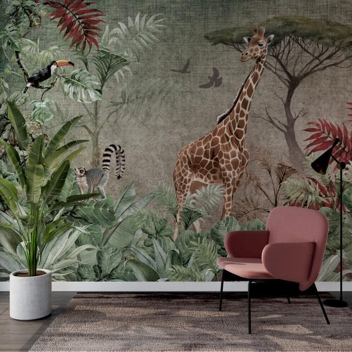 Safari Animals Wallpaper: Colorful Leaves, Peel and Stick Nursery Wall Decor