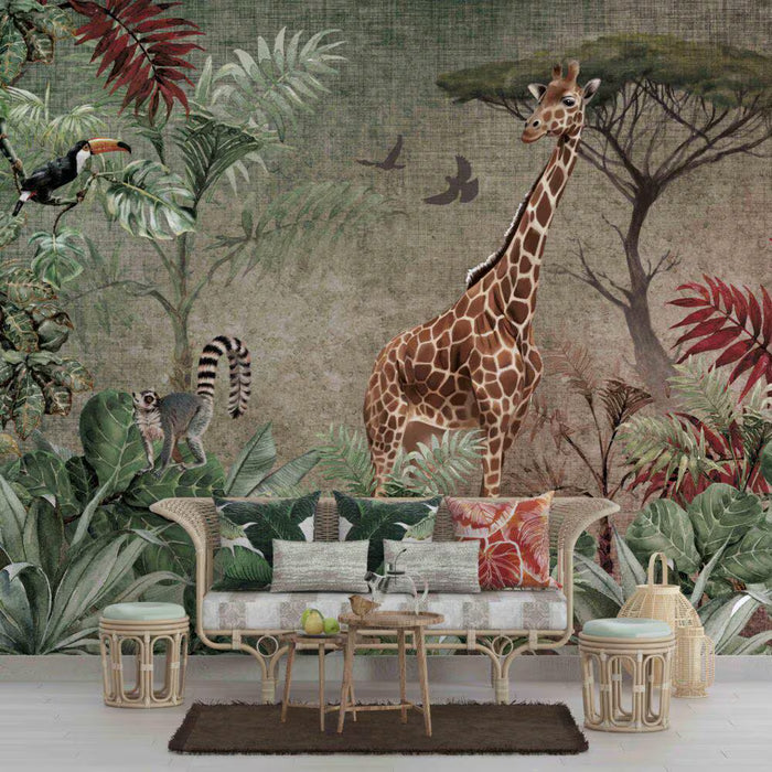 Safari Animals Wallpaper: Colorful Leaves, Peel and Stick Nursery Wall Decor