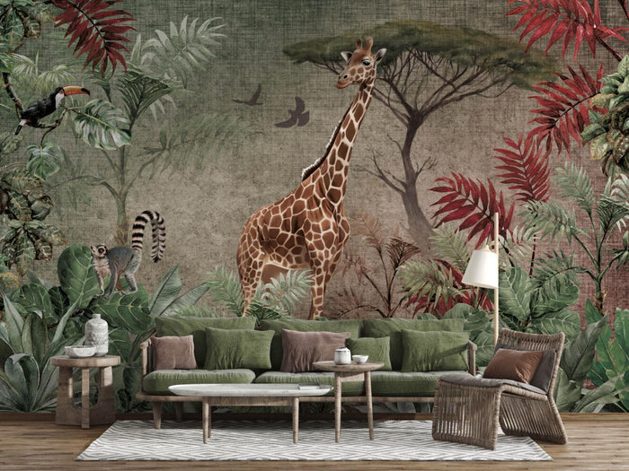 Safari Animals Wallpaper: Colorful Leaves, Peel and Stick Nursery Wall Decor