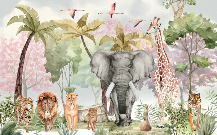 Safari Animals Wallpaper: Tropical Jungle Nursery Decor
