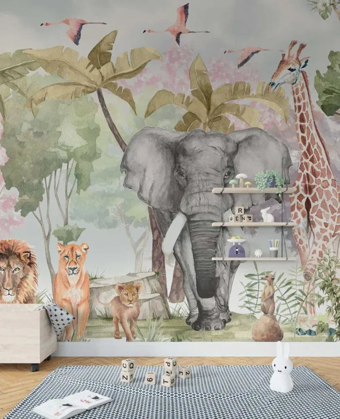 Safari Animals Wallpaper: Tropical Jungle Nursery Decor