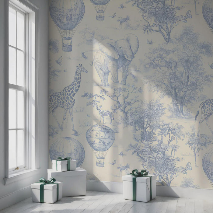 Safari Hot Air Balloon Tour Blue Wallpaper - Boy Nursery Decor - Peel and Stick