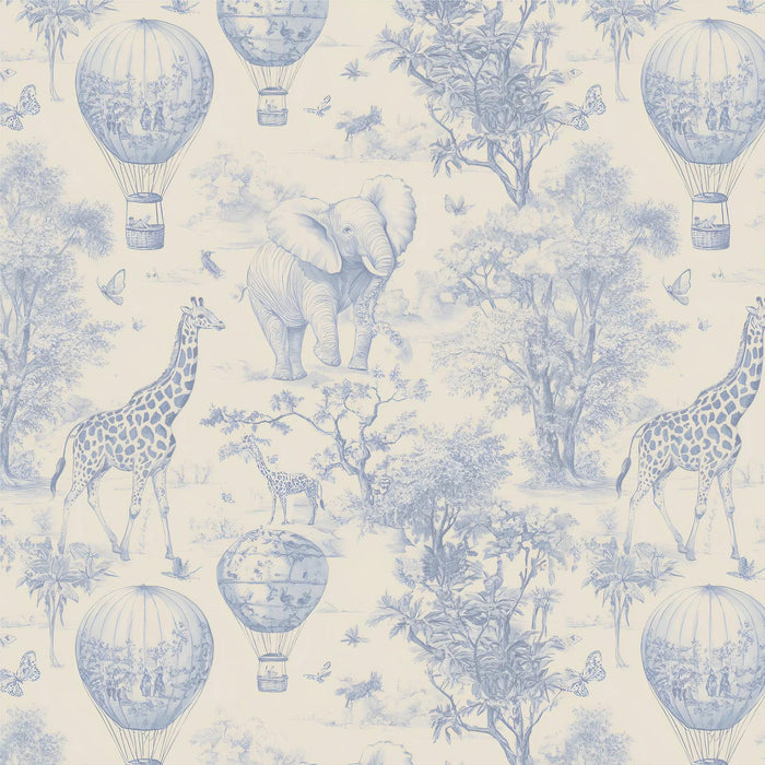 Safari Hot Air Balloon Tour Blue Wallpaper - Boy Nursery Decor - Peel and Stick