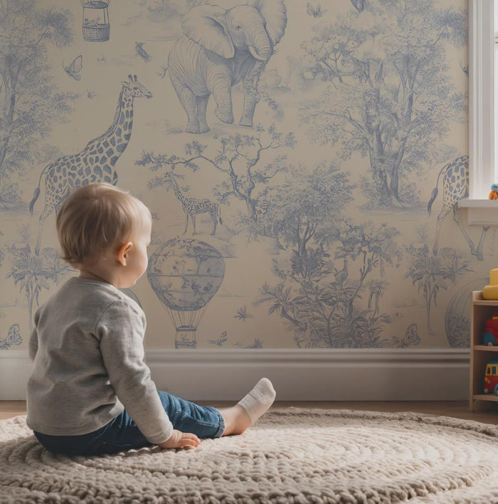 Safari Hot Air Balloon Tour Blue Wallpaper - Boy Nursery Decor - Peel and Stick