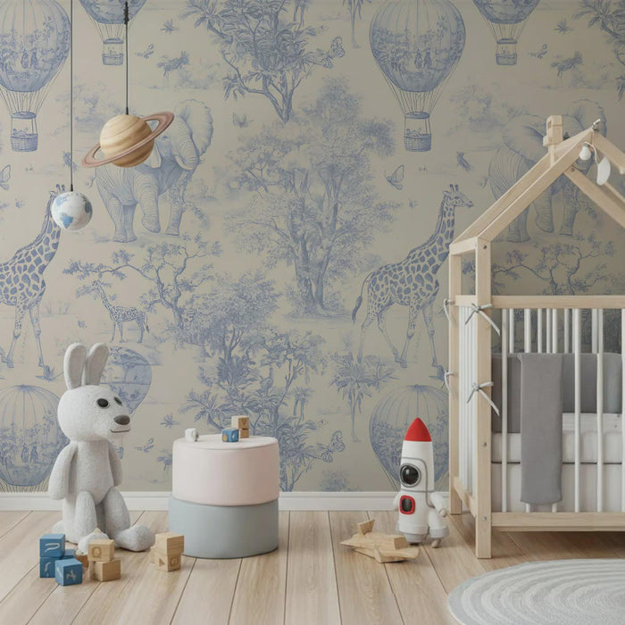 Safari Hot Air Balloon Tour Blue Wallpaper - Boy Nursery Decor - Peel and Stick