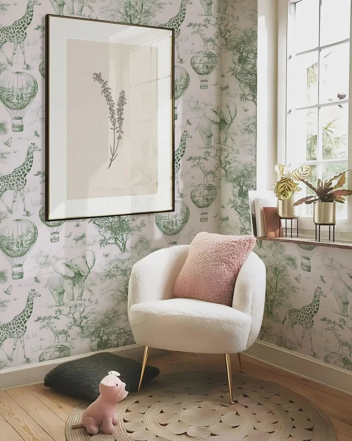 Safari Hot Air Balloon Tour Green Wallpaper - Nursery Wall Decor - Peel and Stick