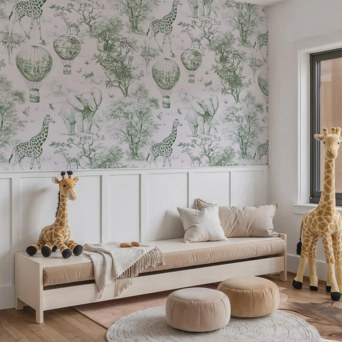 Safari Hot Air Balloon Tour Green Wallpaper - Nursery Wall Decor - Peel and Stick