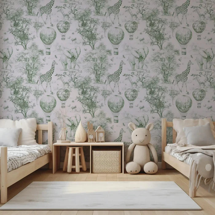 Safari Hot Air Balloon Tour Green Wallpaper - Nursery Wall Decor - Peel and Stick