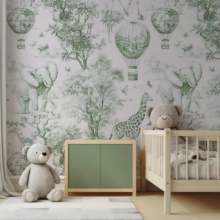 Safari Hot Air Balloon Tour Green Wallpaper - Nursery Wall Decor - Peel and Stick