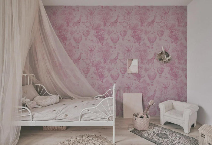 Safari Hot Air Balloon Tour Pink Wallpaper - Girl Nursery Decor - Peel and Stick
