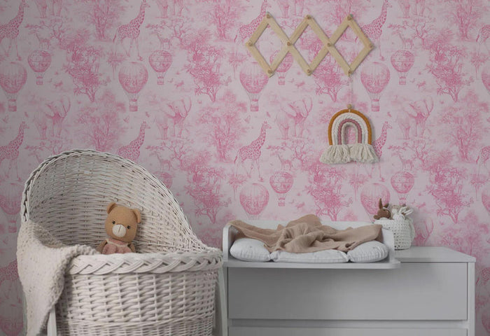 Safari Hot Air Balloon Tour Pink Wallpaper - Girl Nursery Decor - Peel and Stick