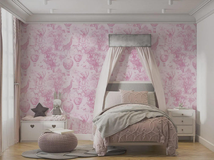 Safari Hot Air Balloon Tour Pink Wallpaper - Girl Nursery Decor - Peel and Stick