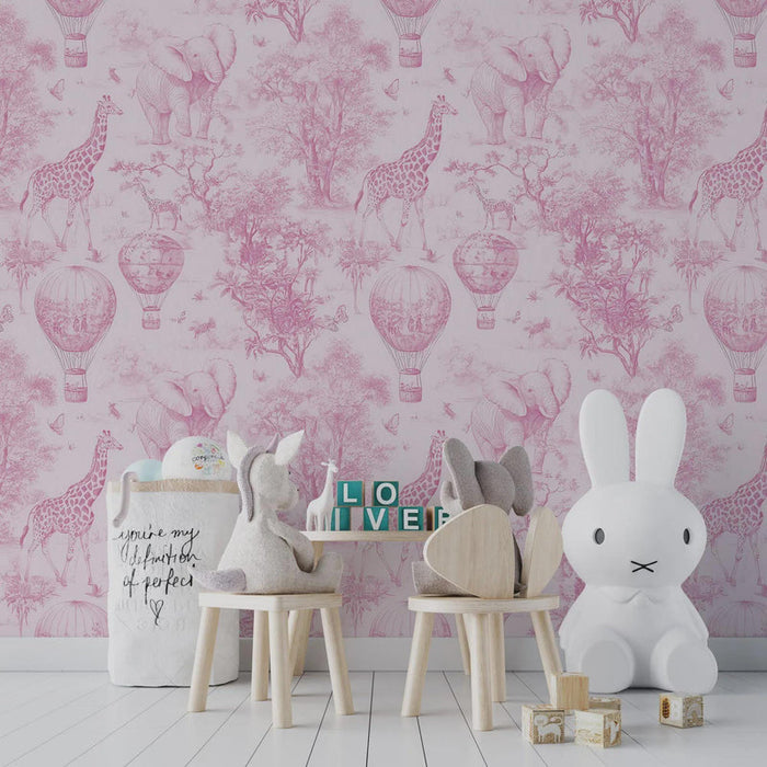 Safari Hot Air Balloon Tour Pink Wallpaper - Girl Nursery Decor - Peel and Stick