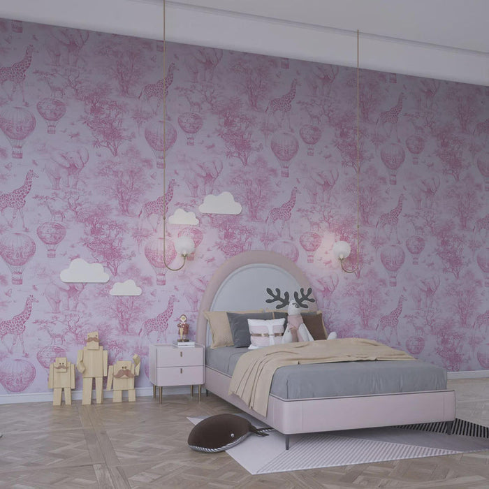 Safari Hot Air Balloon Tour Pink Wallpaper - Girl Nursery Decor - Peel and Stick