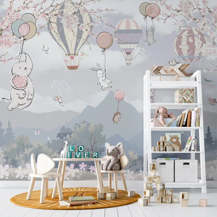 Sakura Flowers Wallpaper: Flying Animals, Pastel Tones, Kids Room