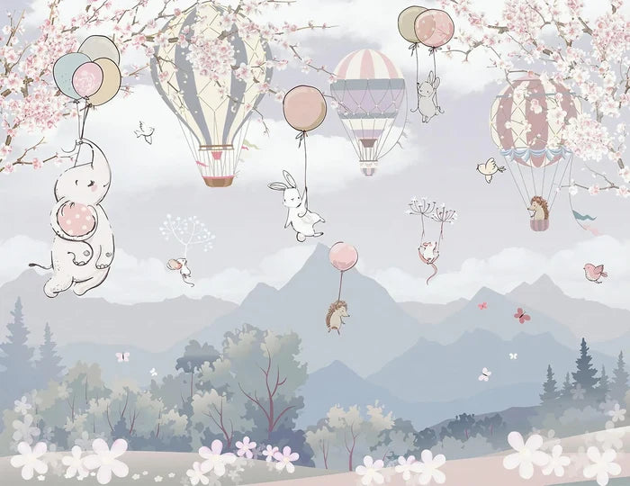 Sakura Flowers Wallpaper: Flying Animals, Pastel Tones, Kids Room