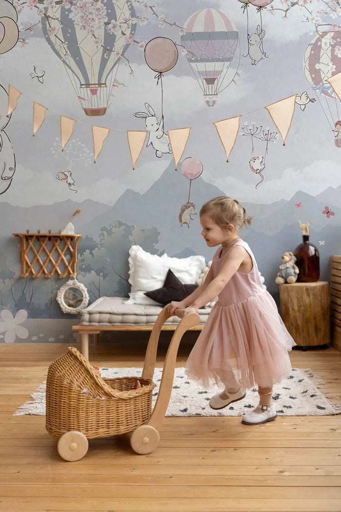 Sakura Flowers Wallpaper: Flying Animals, Pastel Tones, Kids Room