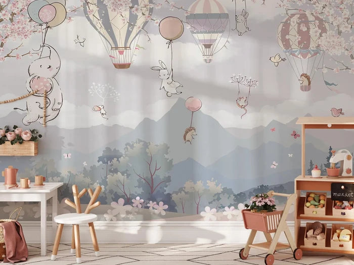 Sakura Flowers Wallpaper: Flying Animals, Pastel Tones, Kids Room