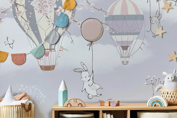 Sakura Flowers Wallpaper: Flying Animals, Pastel Tones, Kids Room