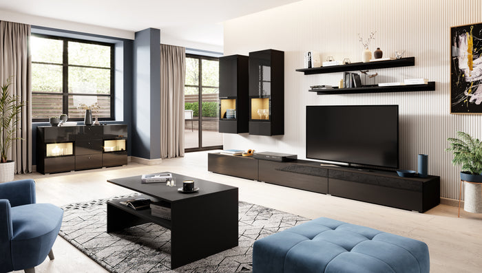 SIDEBOARD ATHENS 132CM BLACK GLOSS / BLACKThe Athens 26 sideboard cabinet has a functional, modern and brilliantly crafted design, blending in seamlessly with your contemporary home. Three drawers and two partially-glazed hinged doors allow you to store a