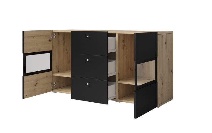 SIDEBOARD BAROS 132CM ARTISAN/BLACKDimensions Width132cm Height70cm Depth39cmSpecific information ColorationARTISAN/BLACKMaterialLaminated furniture board LED lightingIt is not included in the priceAnna Furniture
