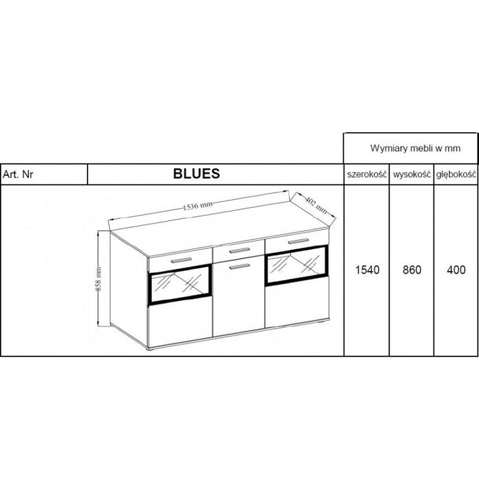 SIDEBOARD MAXI WHITE/GREY 154CMChest of drawers dimensions: 1540 x 858 x 402mm (W x H x D)Number of packages: 2Front:- 15mm white laminated board- melamine rim- glass with a black print- handle: 128mm plasticBody:- 15mm white laminated board- melamine rim